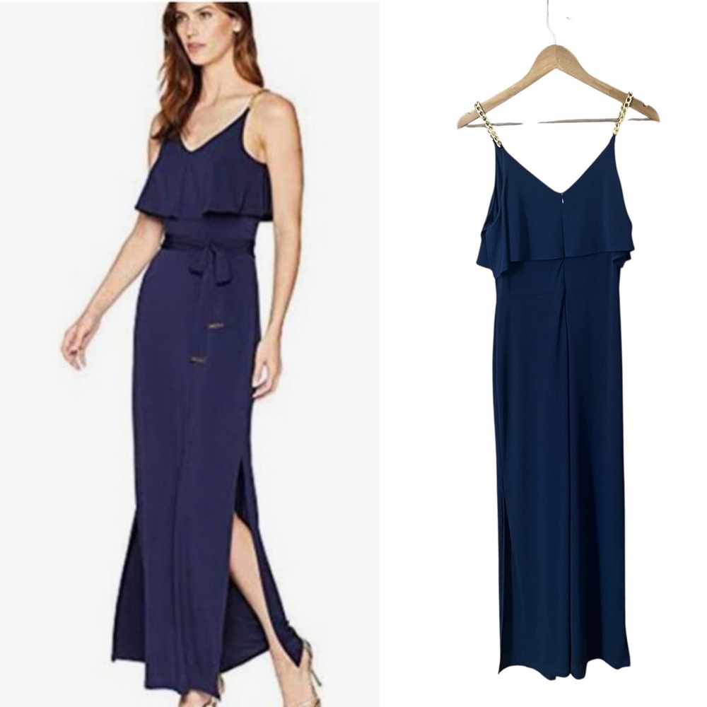 Michael Kors Dark Blue Navy Maxi Dress S Chain Straps Belted Flutter Slit Lined